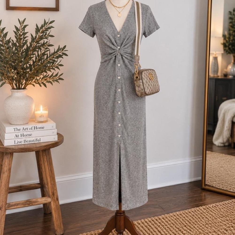Z Supply Gray Ribbed Twist Front Midi Dress Size Small
